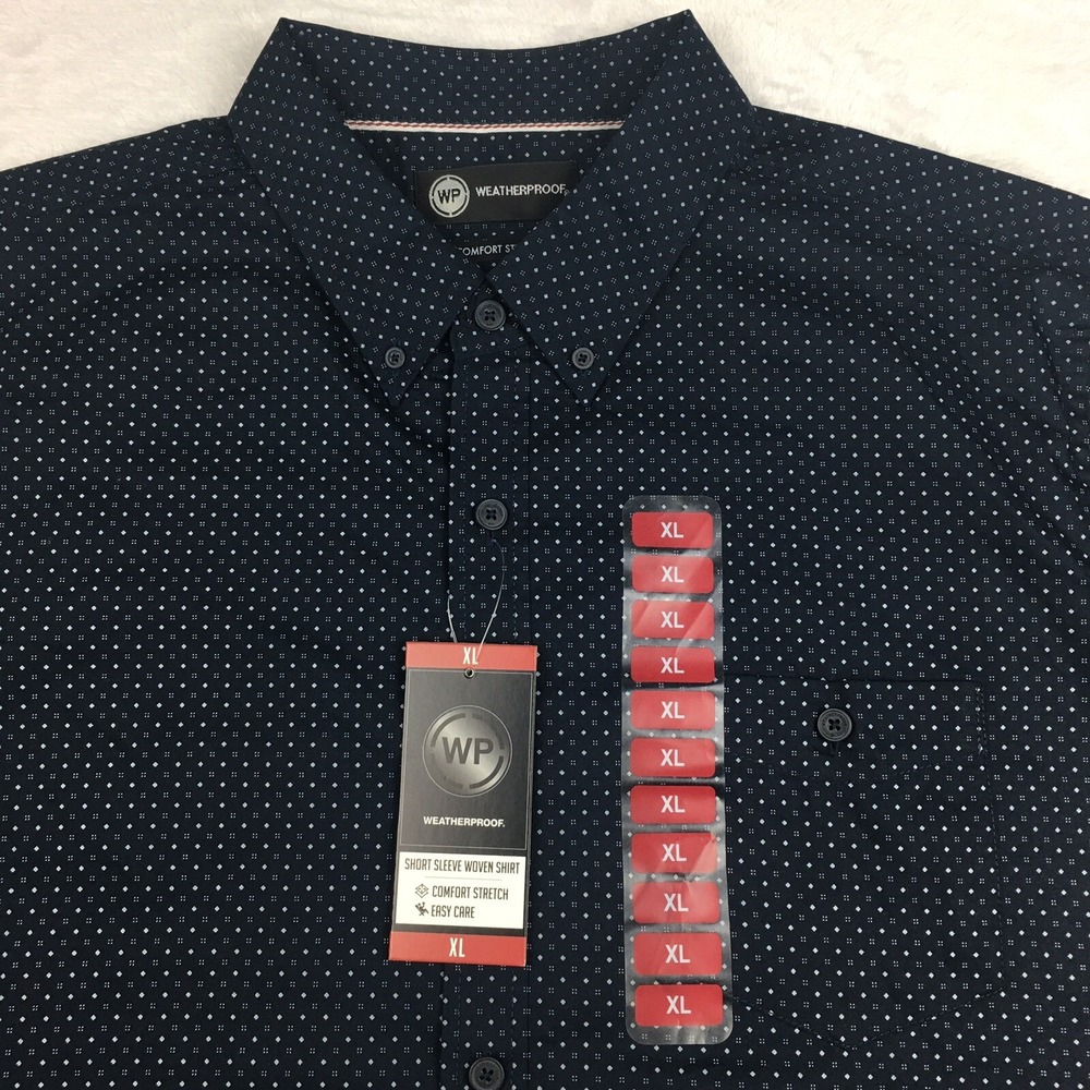 Weatherproof SS Shirt Mens XL Navy Blue Print Comfort Stretch Easy Care NWT!